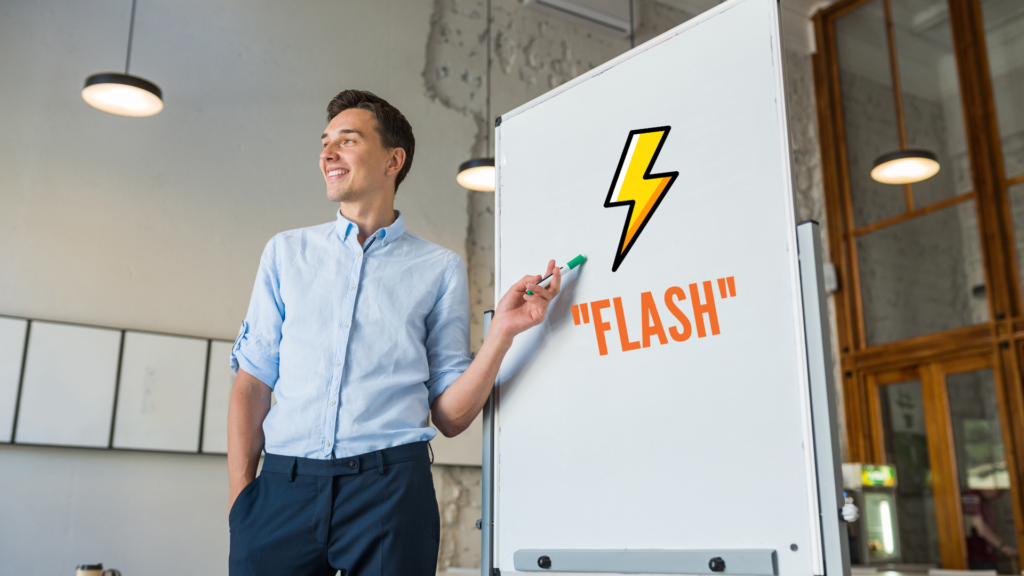 Il s'agit d'un homme devant un tableau présentant une imagepour le Bilan de compétences "Flash"